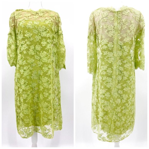 Vintage 60s Neal McClintock Chartreuse Green Lace Midi Shift Dress Womens Size M - Picture 1 of 13